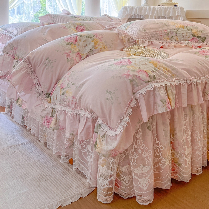 91家纺网 家纺一手货源 找家纺 瑞宝 2025新款法式全棉纯棉印花床裙三件套 沐熙