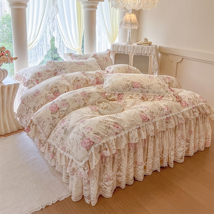 91家纺网 家纺一手货源 找家纺 瑞宝 2025新款法式全棉纯棉印花床裙三件套 美娜庄园