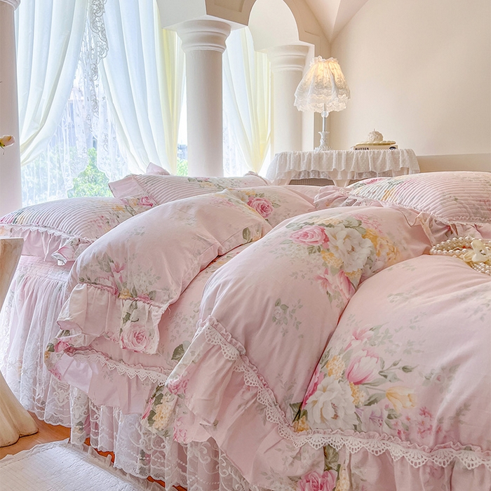 91家纺网 家纺一手货源 找家纺 瑞宝 2025新款法式全棉纯棉印花床裙三件套 沐熙