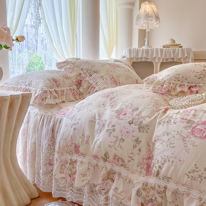 91家纺网 家纺一手货源 找家纺 瑞宝 2025新款法式全棉纯棉印花床裙三件套 美娜庄园