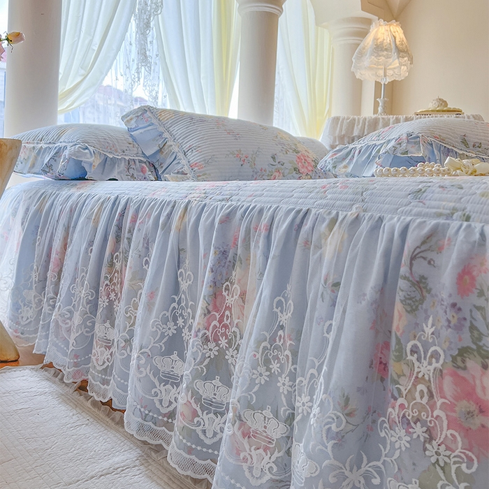 91家纺网 家纺一手货源 找家纺 瑞宝 2025新款法式全棉纯棉印花床裙三件套 栀夏海棠