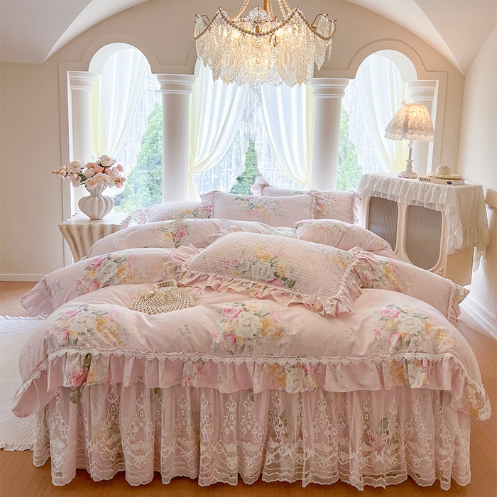 91家纺网 家纺一手货源 找家纺 瑞宝 2025新款法式全棉纯棉印花床裙三件套 沐熙