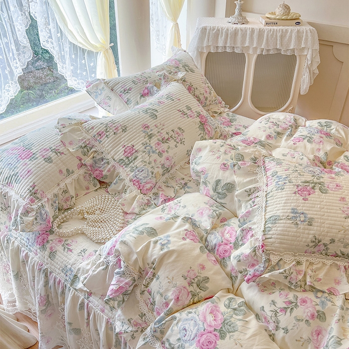 91家纺网 家纺一手货源 找家纺 瑞宝 2025新款法式全棉纯棉印花床裙三件套 可妮露