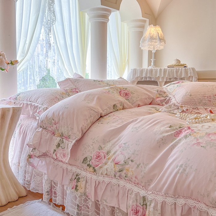 91家纺网 家纺一手货源 找家纺 瑞宝 2025新款法式全棉纯棉印花床裙三件套 沐熙