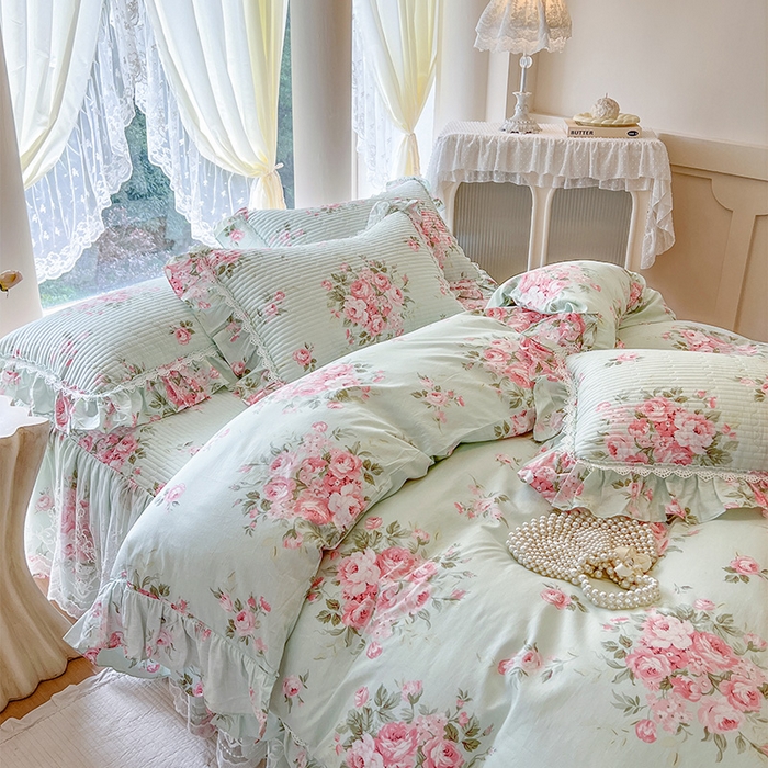 91家纺网 家纺一手货源 找家纺 瑞宝 2025新款法式全棉纯棉印花床裙三件套 罗微