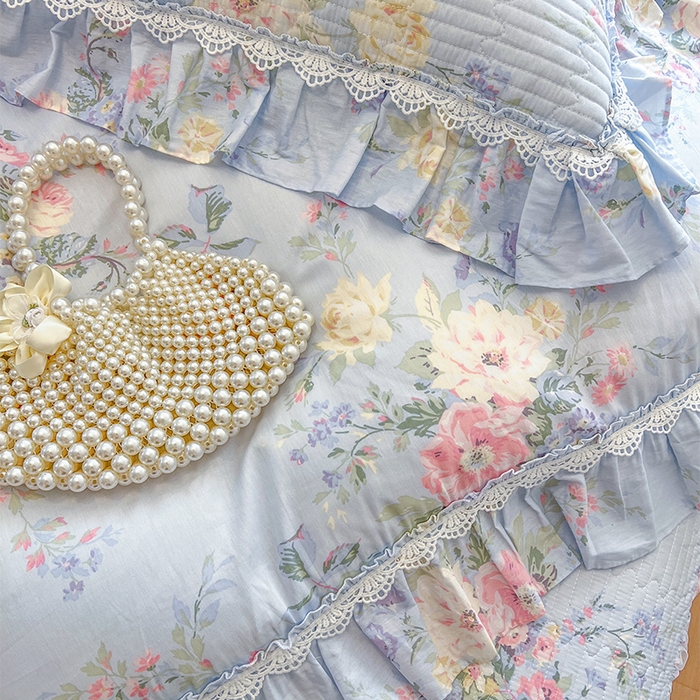 91家纺网 家纺一手货源 找家纺 瑞宝 2025新款法式全棉纯棉印花床裙三件套 栀夏海棠