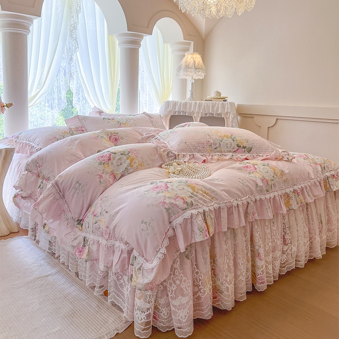 91家纺网 家纺一手货源 找家纺 瑞宝 2025新款法式全棉纯棉印花床裙三件套 沐熙