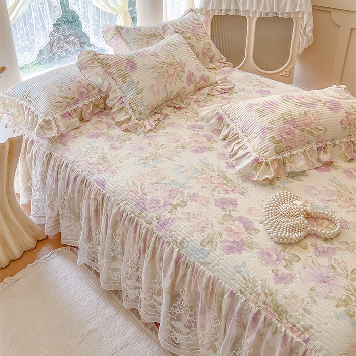 91家纺网 家纺一手货源 找家纺 瑞宝 2025新款法式全棉纯棉印花床裙三件套 紫韵花梦