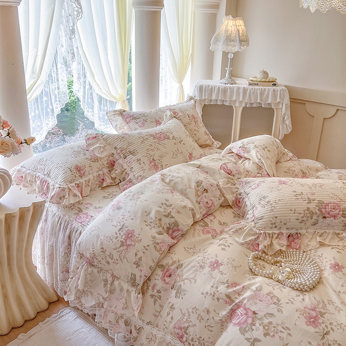 91家纺网 家纺一手货源 找家纺 瑞宝 2025新款法式全棉纯棉印花床裙三件套 美娜庄园