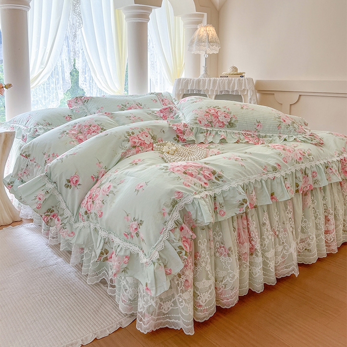 91家纺网 家纺一手货源 找家纺 瑞宝 2025新款法式全棉纯棉印花床裙三件套 罗微