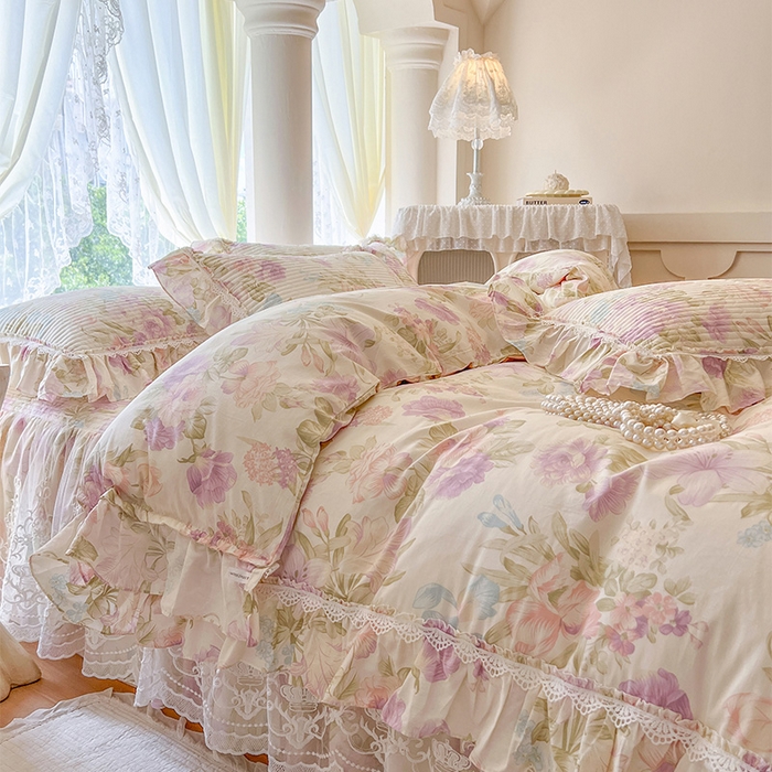 91家纺网 家纺一手货源 找家纺 瑞宝 2025新款法式全棉纯棉印花床裙三件套 紫韵花梦