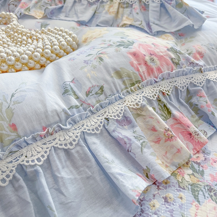 91家纺网 家纺一手货源 找家纺 瑞宝 2025新款法式全棉纯棉印花床裙三件套 栀夏海棠