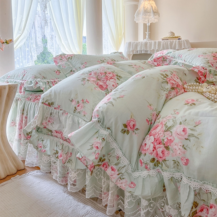 91家纺网 家纺一手货源 找家纺 瑞宝 2025新款法式全棉纯棉印花床裙三件套 罗微