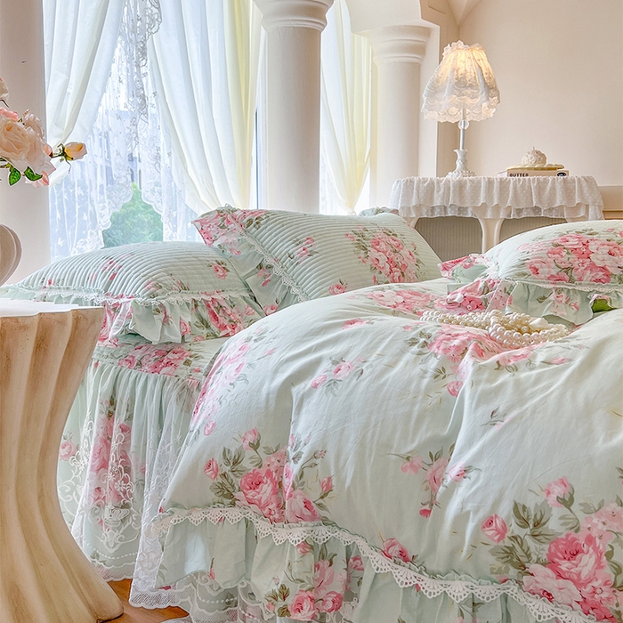 91家纺网 家纺一手货源 找家纺 瑞宝 2025新款法式全棉纯棉印花床裙三件套 罗微