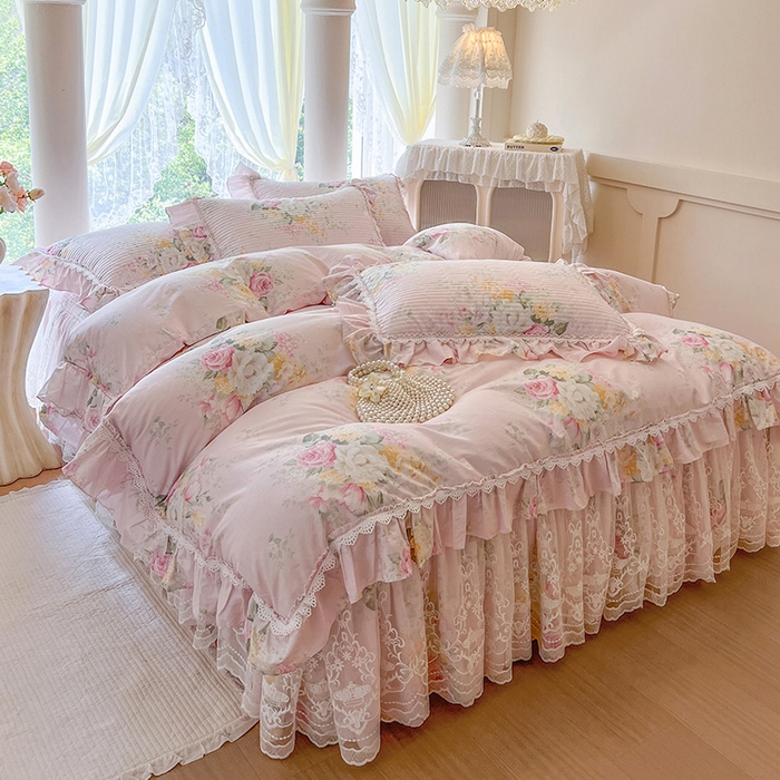 91家纺网 家纺一手货源 找家纺 瑞宝 2025新款法式全棉纯棉印花床裙三件套 沐熙