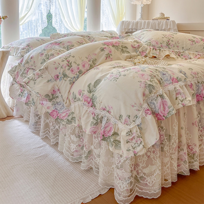 91家纺网 家纺一手货源 找家纺 瑞宝 2025新款法式全棉纯棉印花床裙四件套 可妮露