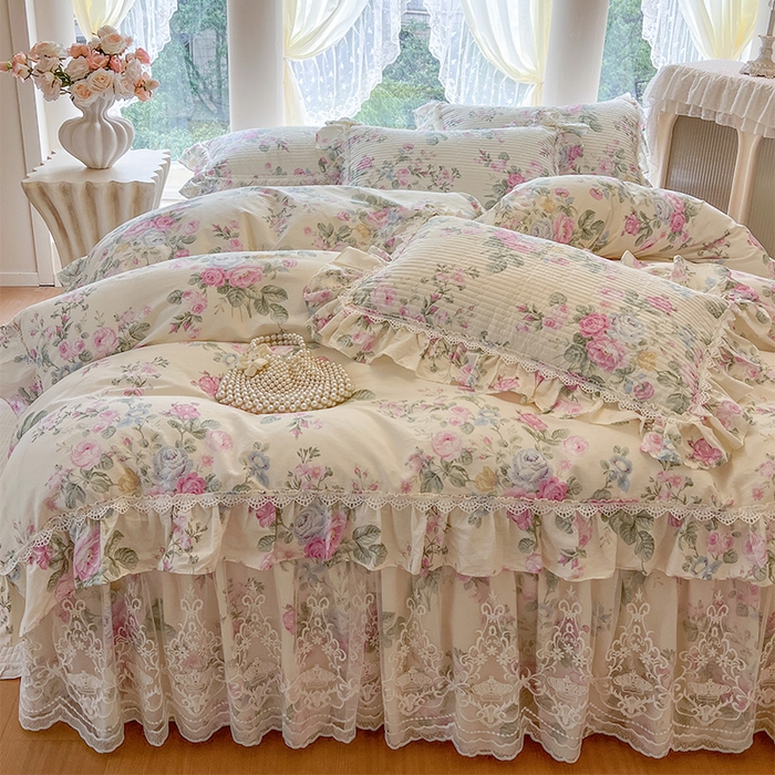 91家纺网 家纺一手货源 找家纺 瑞宝 2025新款法式全棉纯棉印花床裙四件套 可妮露