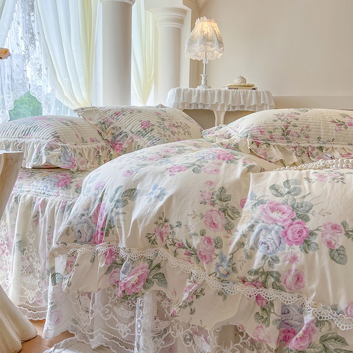 91家纺网 家纺一手货源 找家纺 瑞宝 2025新款法式全棉纯棉印花床裙四件套 可妮露