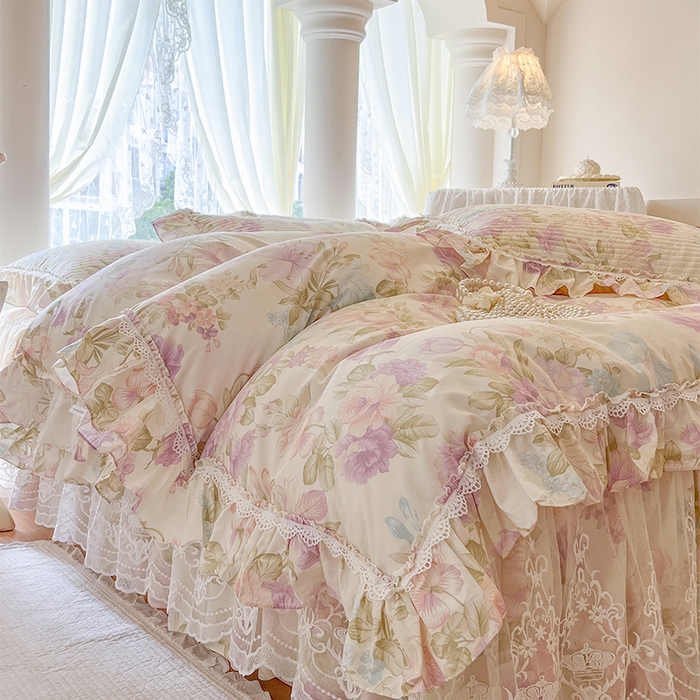 91家纺网 家纺一手货源 找家纺 瑞宝 2025新款法式全棉纯棉印花床裙四件套 紫韵花梦