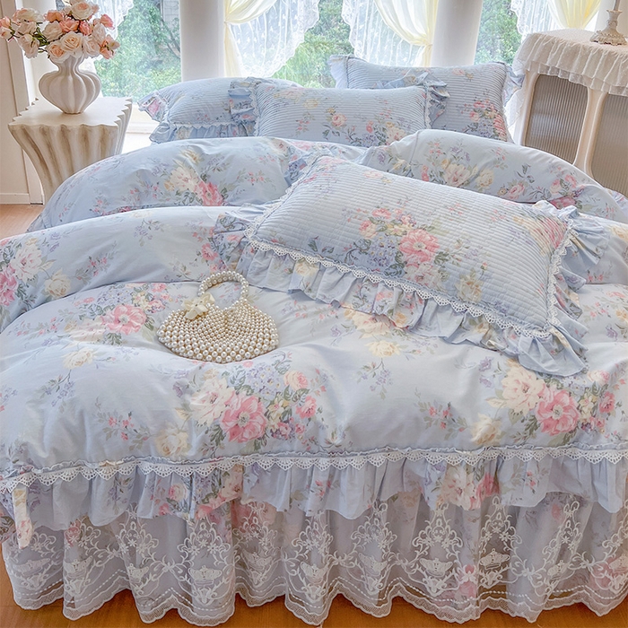 91家纺网 家纺一手货源 找家纺 瑞宝 2025新款法式全棉纯棉印花床裙四件套 栀夏海棠