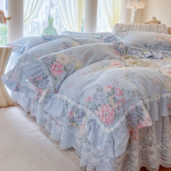 91家纺网 家纺一手货源 找家纺 瑞宝 2025新款法式全棉纯棉印花床裙四件套 栀夏海棠