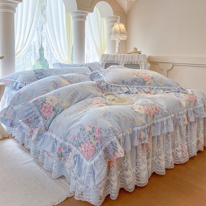 91家纺网 家纺一手货源 找家纺 瑞宝 2025新款法式全棉纯棉印花床裙四件套 栀夏海棠