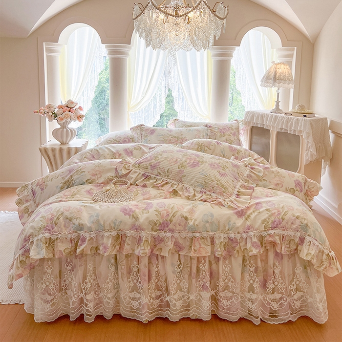 瑞宝 2025新款法式全棉纯棉印花床裙四件套 紫韵花梦