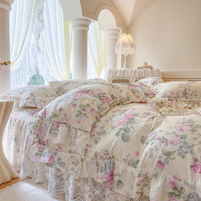 91家纺网 家纺一手货源 找家纺 瑞宝 2025新款法式全棉纯棉印花床裙四件套 可妮露