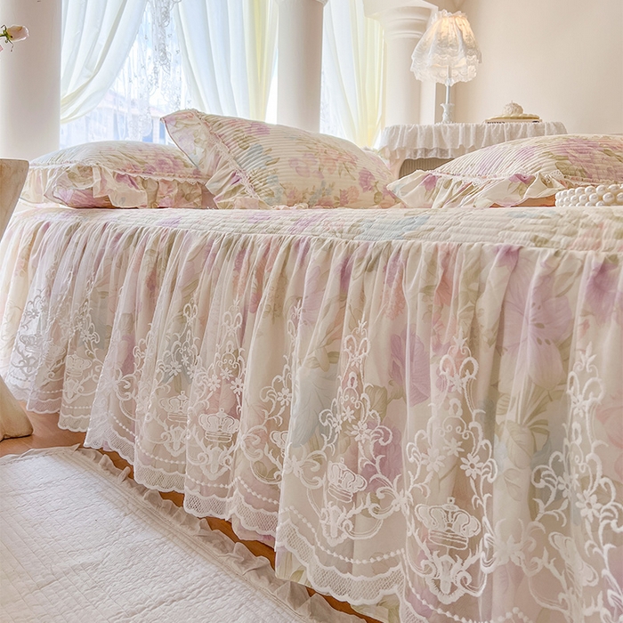 91家纺网 家纺一手货源 找家纺 瑞宝 2025新款法式全棉纯棉印花床裙四件套 紫韵花梦