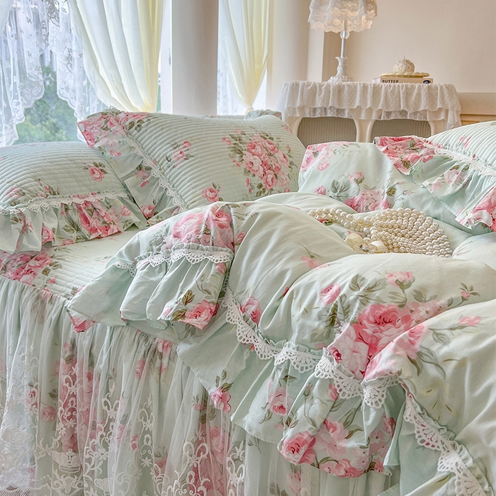 91家纺网 家纺一手货源 找家纺 瑞宝 2025新款法式全棉纯棉印花床裙四件套 罗微