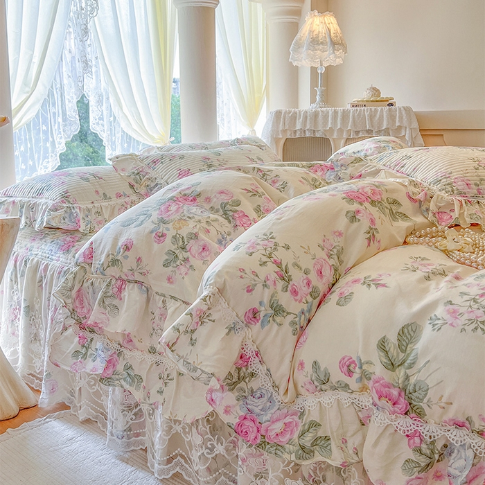 91家纺网 家纺一手货源 找家纺 瑞宝 2025新款法式全棉纯棉印花床裙四件套 可妮露