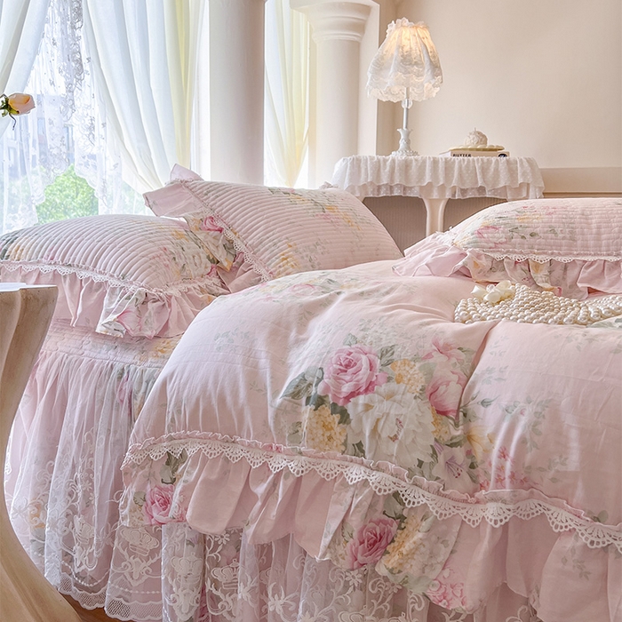 91家纺网 家纺一手货源 找家纺 瑞宝 2025新款法式全棉纯棉印花床裙四件套 沐熙