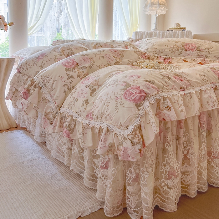 91家纺网 家纺一手货源 找家纺 瑞宝 2025新款法式全棉纯棉印花床裙四件套 美娜庄园