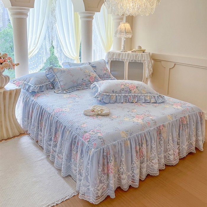 91家纺网 家纺一手货源 找家纺 瑞宝 2025新款法式全棉纯棉印花床裙四件套 栀夏海棠