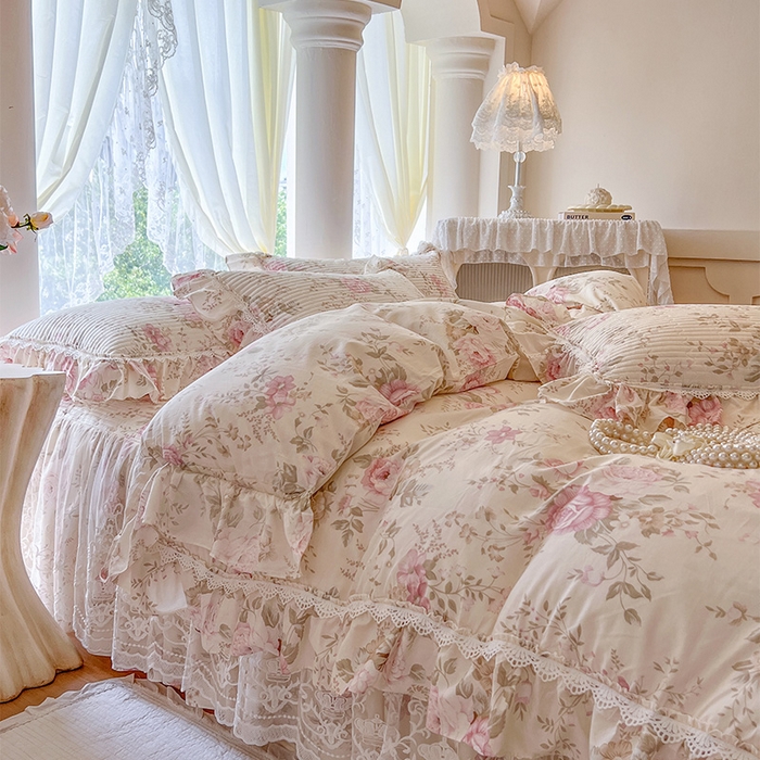 91家纺网 家纺一手货源 找家纺 瑞宝 2025新款法式全棉纯棉印花床裙四件套 美娜庄园