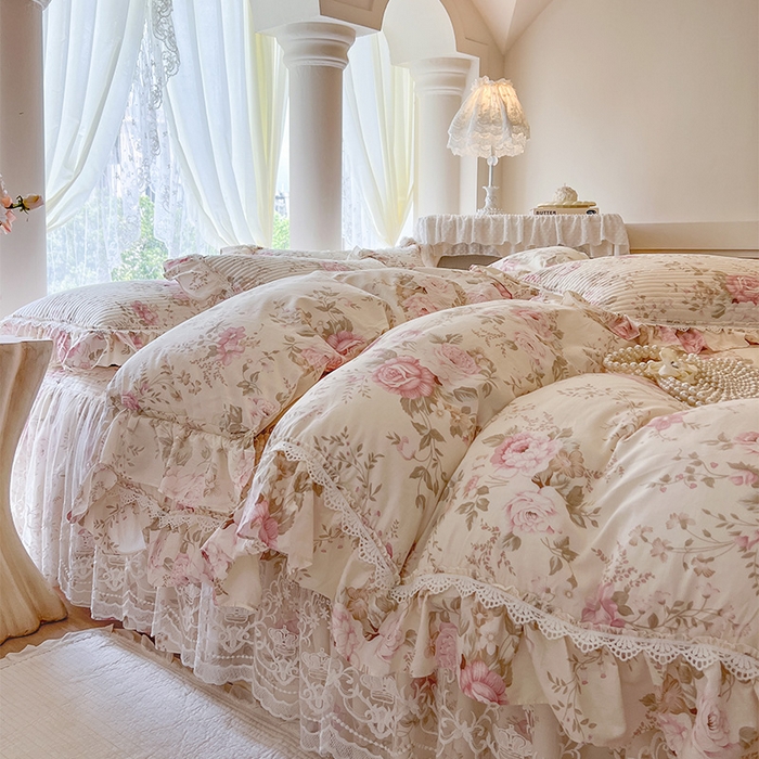 91家纺网 家纺一手货源 找家纺 瑞宝 2025新款法式全棉纯棉印花床裙四件套 美娜庄园