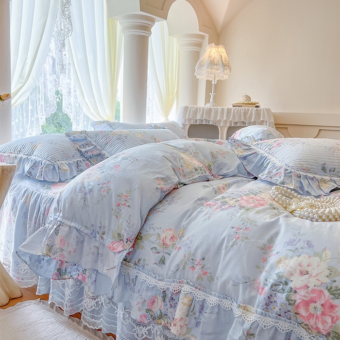 91家纺网 家纺一手货源 找家纺 瑞宝 2025新款法式全棉纯棉印花床裙四件套 栀夏海棠