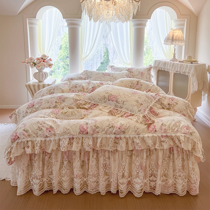 瑞宝 2025新款法式全棉纯棉印花床裙四件套 美娜庄园