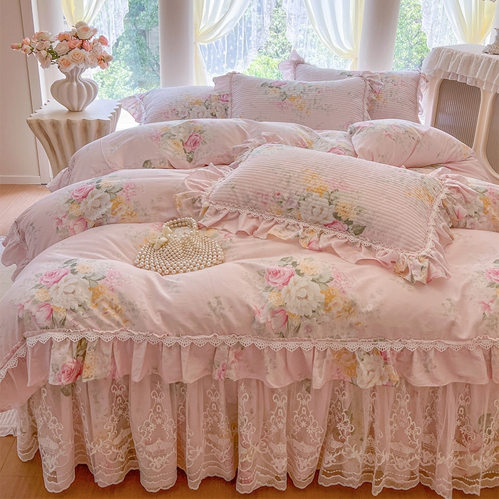 91家纺网 家纺一手货源 找家纺 瑞宝 2025新款法式全棉纯棉印花床裙四件套 沐熙