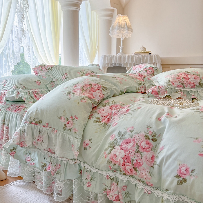 91家纺网 家纺一手货源 找家纺 瑞宝 2025新款法式全棉纯棉印花床裙四件套 罗微