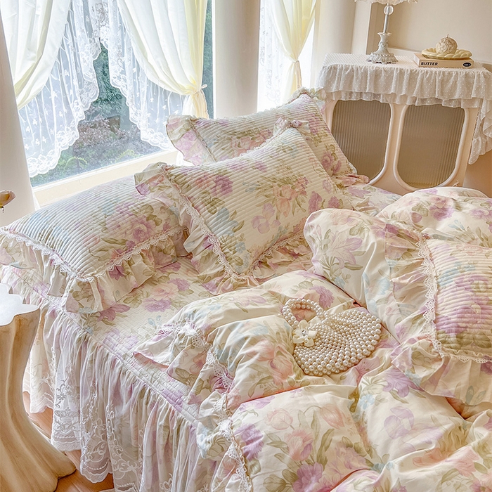 91家纺网 家纺一手货源 找家纺 瑞宝 2025新款法式全棉纯棉印花床裙四件套 紫韵花梦