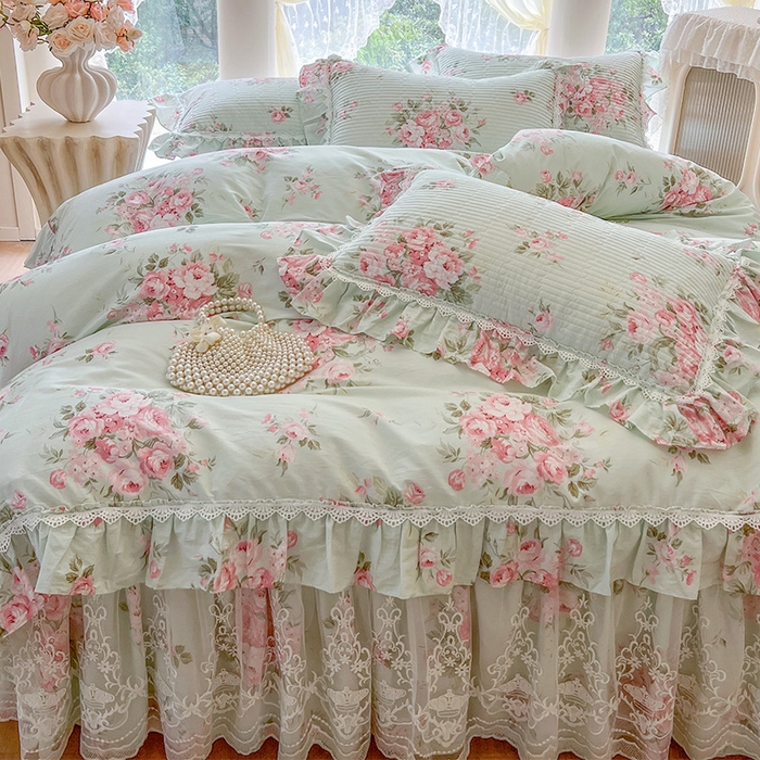 91家纺网 家纺一手货源 找家纺 瑞宝 2025新款法式全棉纯棉印花床裙四件套 罗微