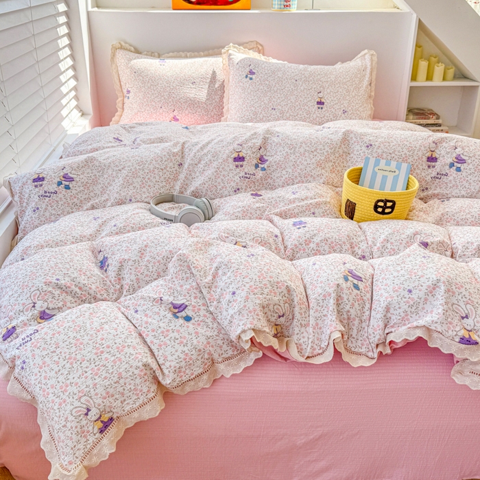 91家纺网 家纺一手货源 找家纺 （总）森璐家纺 2025新款亲肤舒适云感双层纱镂空花边四件套