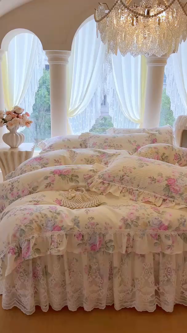 91家纺网 家纺一手货源 找家纺 瑞宝 2025新款法式全棉纯棉印花床裙四件套 可妮露