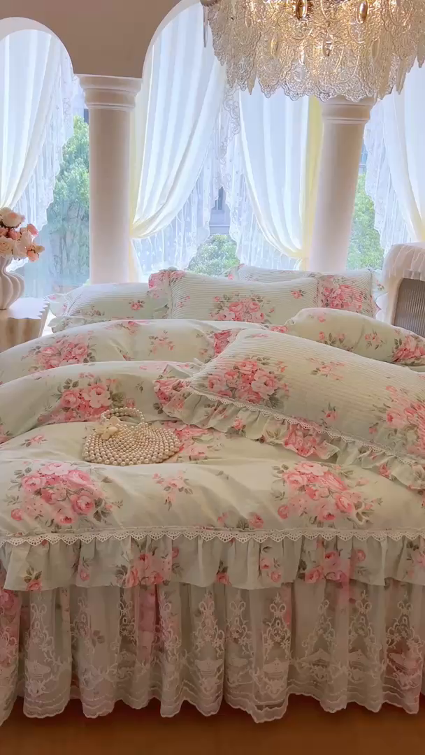 91家纺网 家纺一手货源 找家纺 瑞宝 2025新款法式全棉纯棉印花床裙四件套 罗微