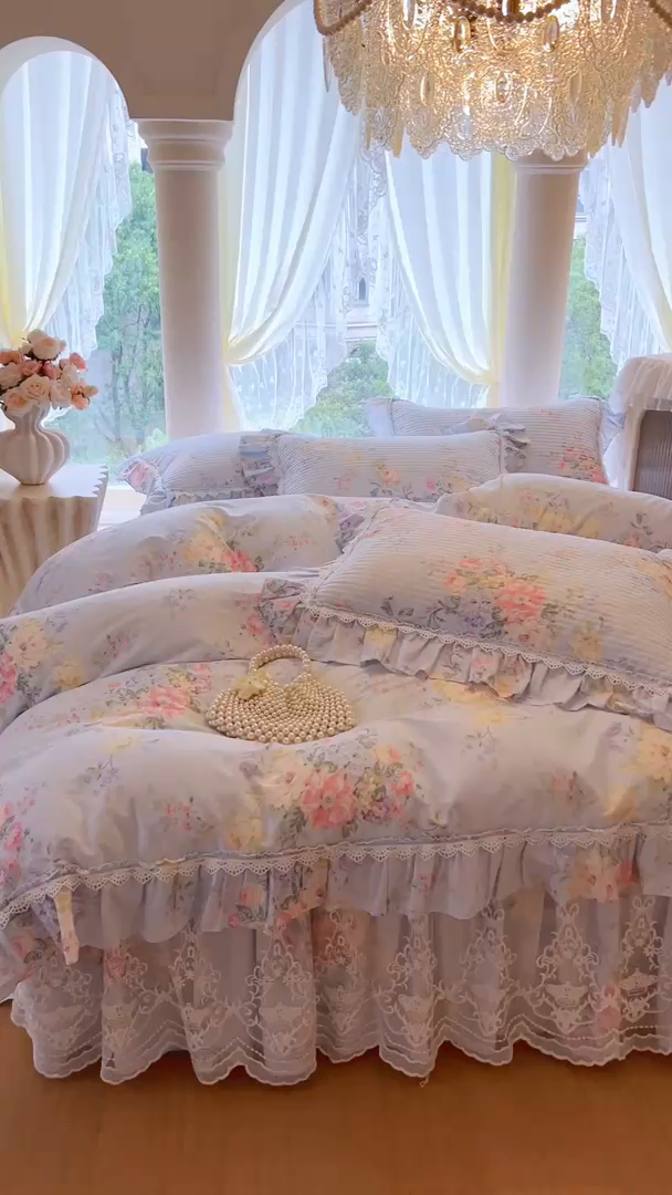 91家纺网 家纺一手货源 找家纺 瑞宝 2025新款法式全棉纯棉印花床裙四件套 栀夏海棠