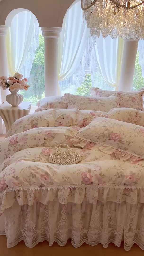 91家纺网 家纺一手货源 找家纺 瑞宝 2025新款法式全棉纯棉印花床裙四件套 美娜庄园