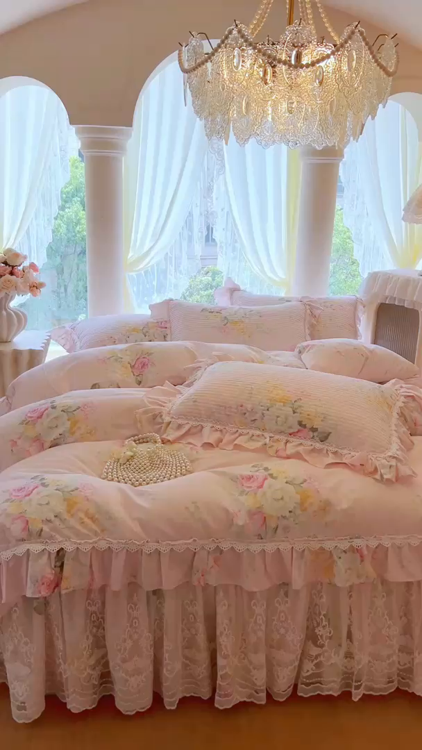 91家纺网 家纺一手货源 找家纺 瑞宝 2025新款法式全棉纯棉印花床裙四件套 沐熙