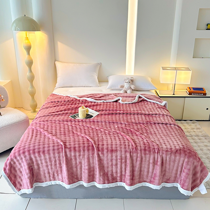 91家纺网 家纺一手货源 找家纺 无瑕家居 2025新款跨境多功能毛毯高克重法莱绒牛奶绒珊瑚绒兔兔绒包边毛毯毯子 兔兔绒-玫玫粉