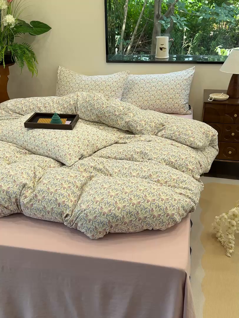 91家纺网 家纺一手货源 找家纺 竹合家纺 2025秋冬新品爆款有氧人字纹提花小清新加厚四件套 花影